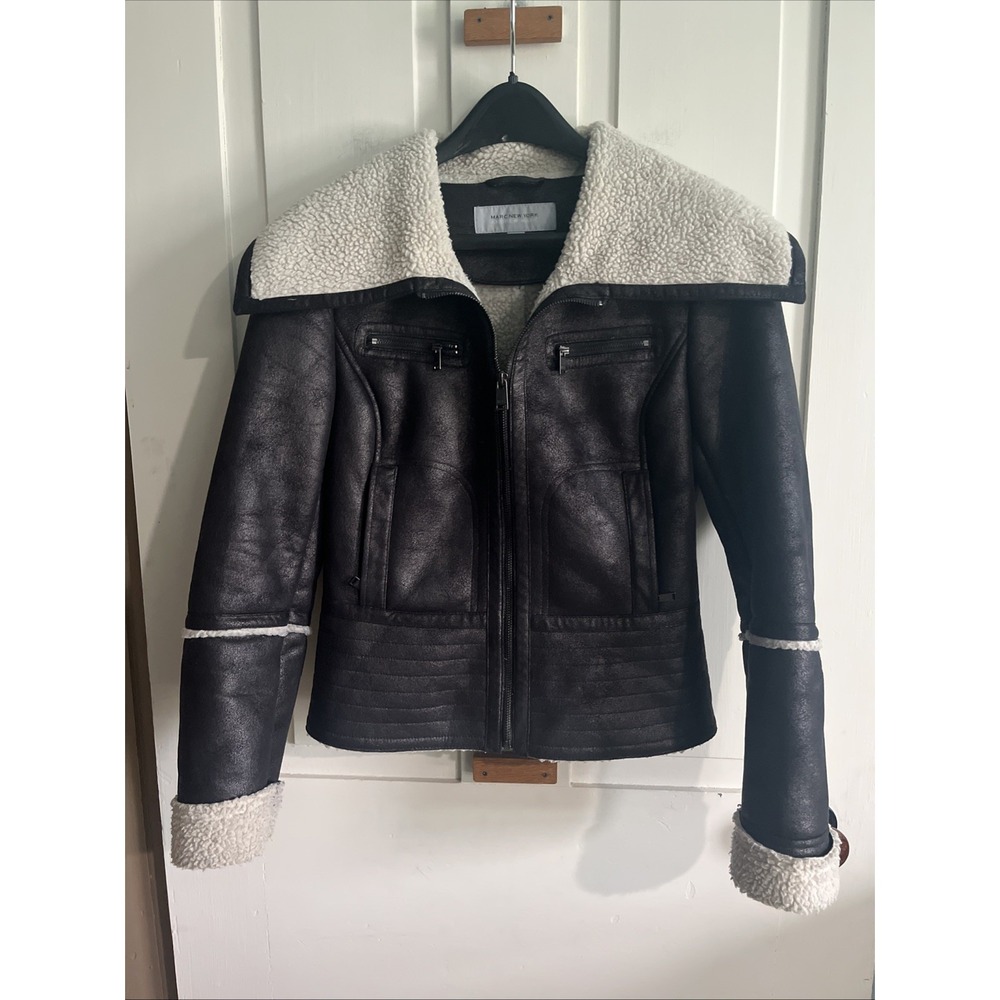 Y2K Shearling Style Biker Jacket Distressed Faux Leather Moto Aviator Cropped